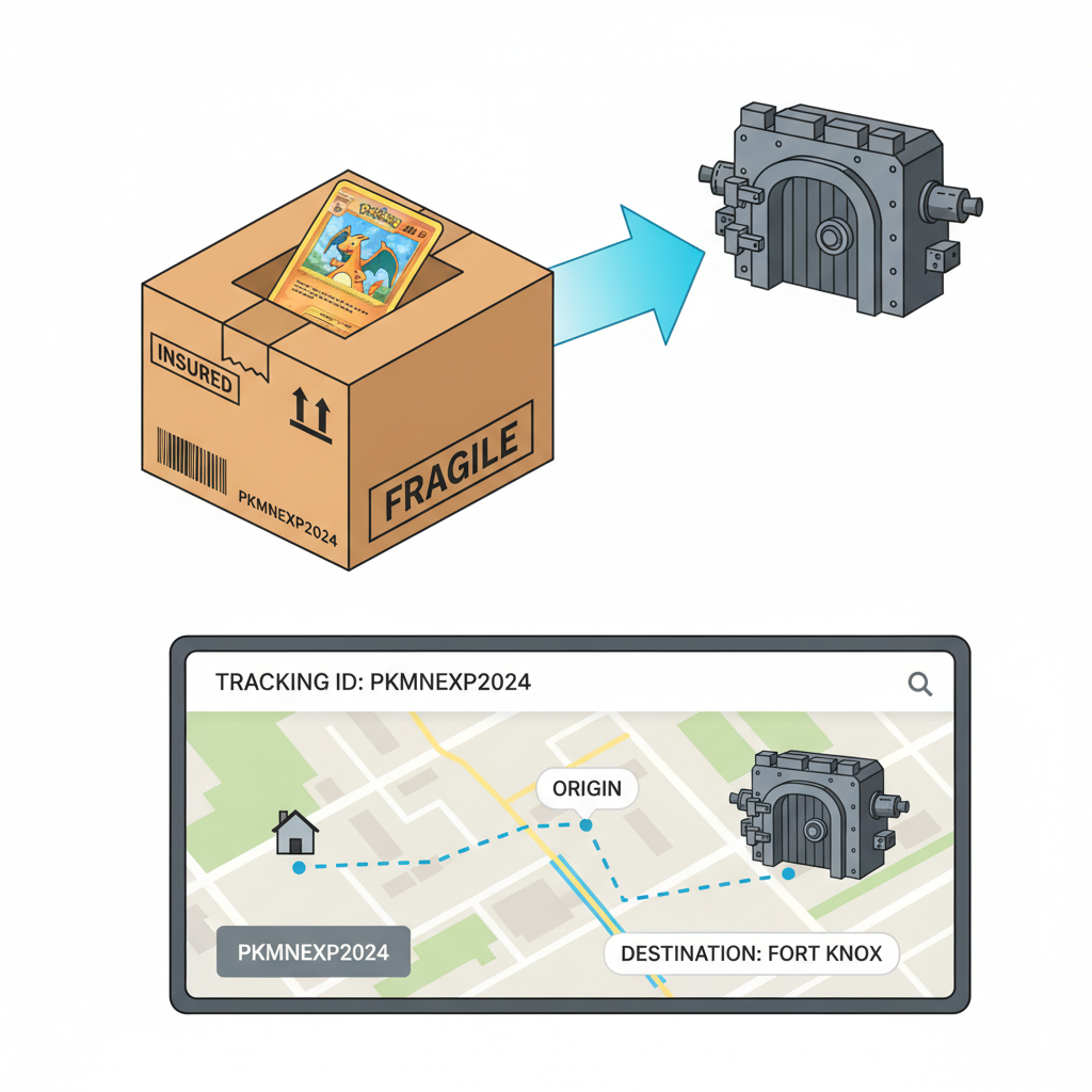 insured shipping box with Pokémon card inside heading to fortified vault, dashboard tracking map