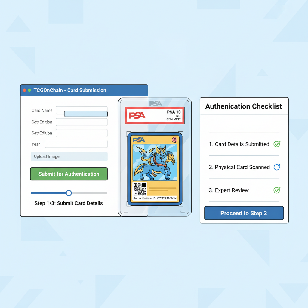 web form on TCGOnChain for card submission, close-up PSA grading slab, authentication checklist UI