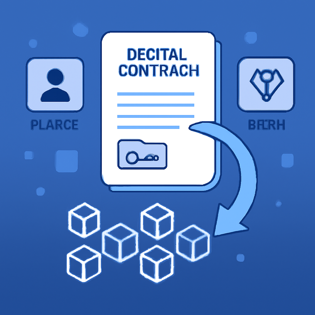 A digital contract being deployed to a blockchain, with components like player and asset icons being registered. Futuristic, blockchain-themed illustration.