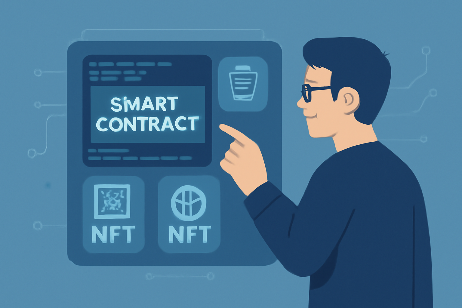 A developer testing smart contracts on a virtual screen, with code snippets and NFT icons. Stylized, tech-focused digital art.