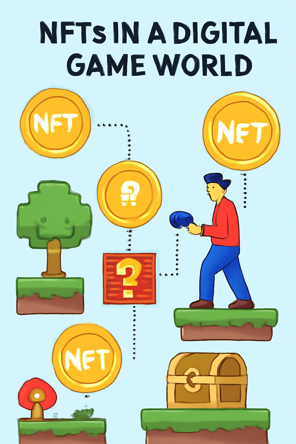 NFTs being integrated into a digital game world, with tokens connecting to game elements. Bright, playful, blockchain-inspired illustration.