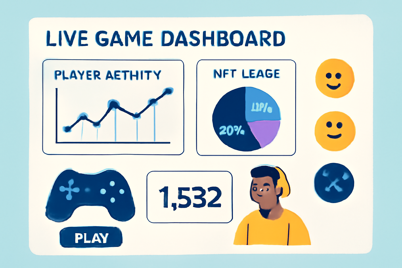 A live game dashboard with player activity, NFT usage stats, and feedback icons. Engaging, community-centric digital art.