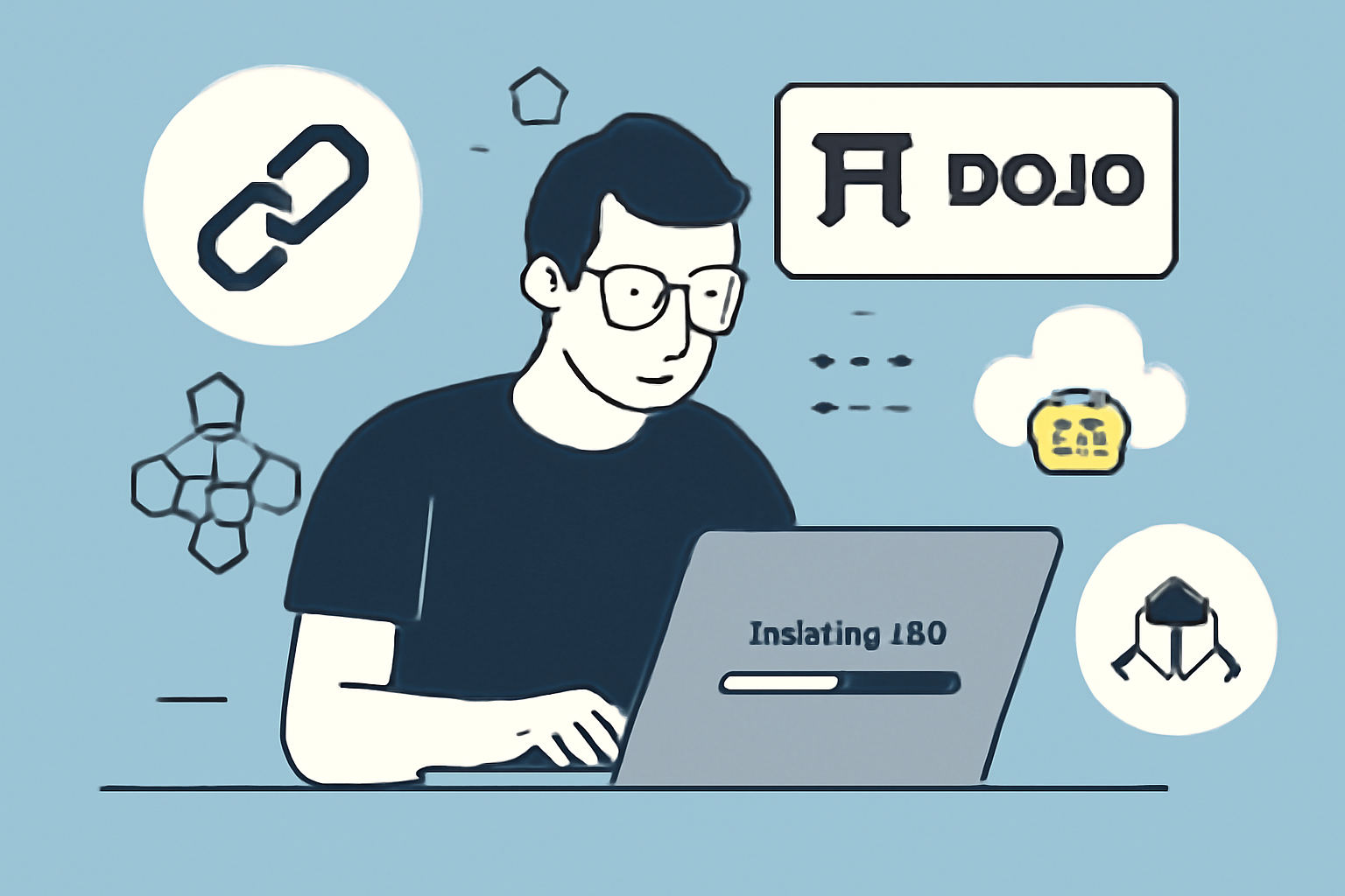 A developer at a computer, surrounded by blockchain symbols, installing MUD and Dojo frameworks. Minimalist, modern, digital art.
