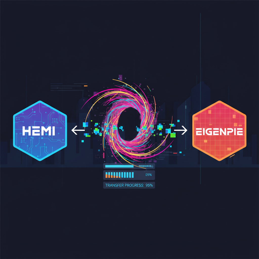 bridge interface transferring assets from Hemi to Eigenpie, glowing wormhole graphic connecting two blockchain networks, cyberpunk style