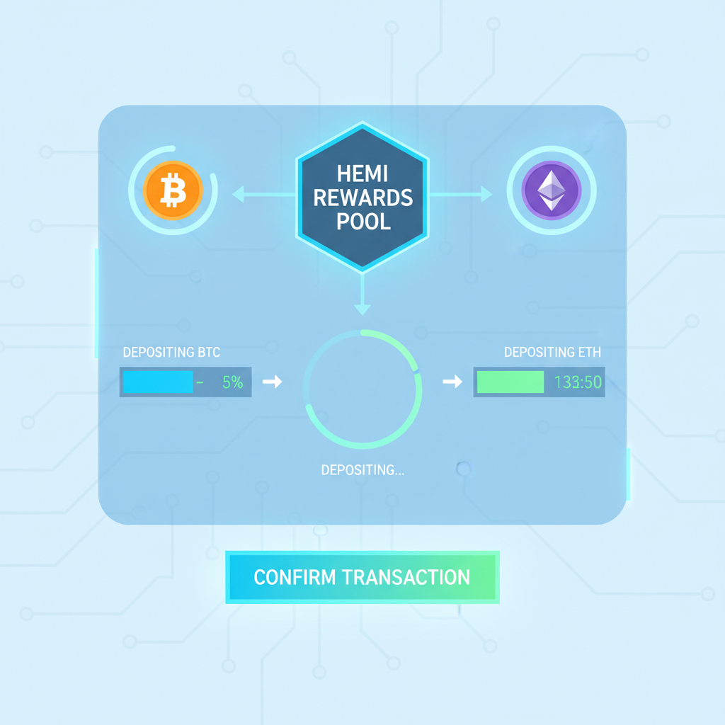 futuristic crypto dashboard depositing BTC and ETH into Hemi rewards pool, glowing interfaces, neon blues and greens