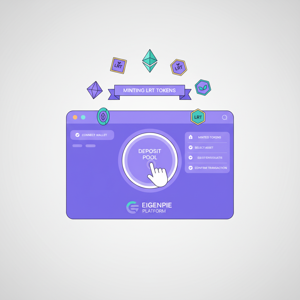 user minting isolated LRT tokens on Eigenpie platform, token icons emerging from deposit pool, Ethereum purple hues, clean UI mockup