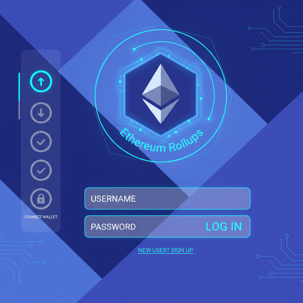 futuristic crypto dashboard login screen with Ethereum rollups glowing neon blues