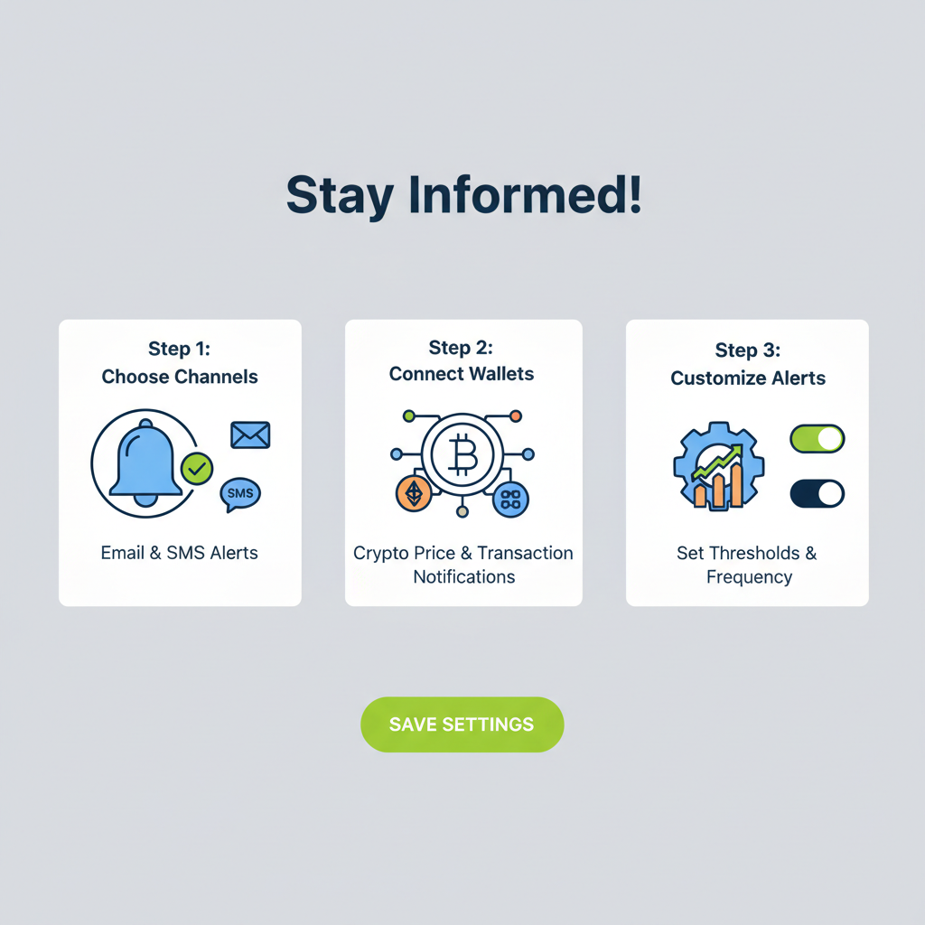 notification setup screen with bell icons email SMS integrations crypto theme