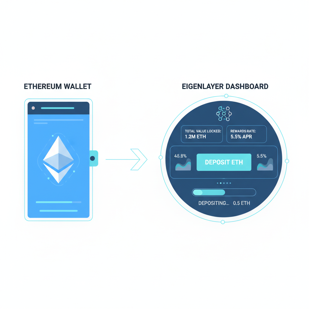 Ethereum wallet connecting to EigenLayer dashboard, depositing ETH, futuristic DeFi interface, blue tones