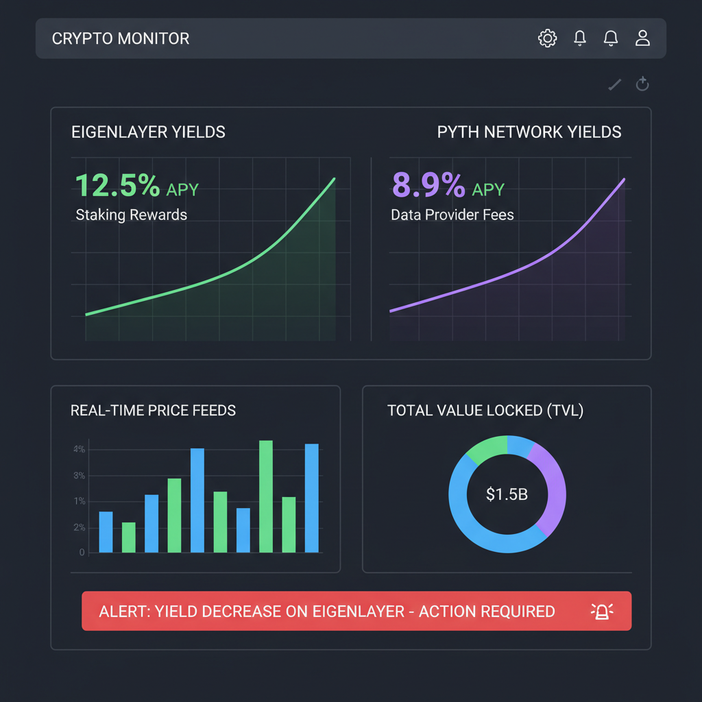 Monitoring dashboard with EigenLayer and Pyth yields, real-time charts, alerts, dark mode professional