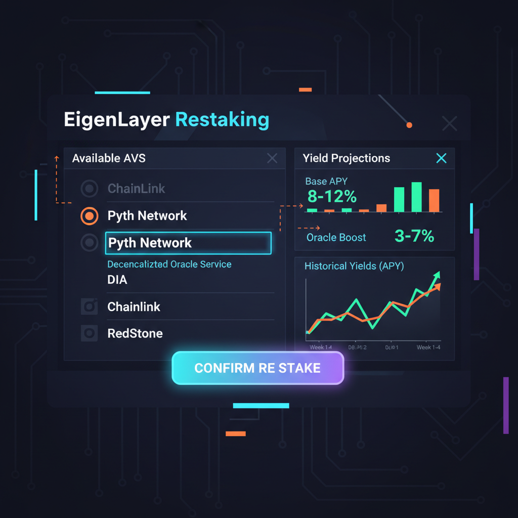 EigenLayer interface selecting Pyth AVS, highlighted oracle service, charts showing yields, cyberpunk style