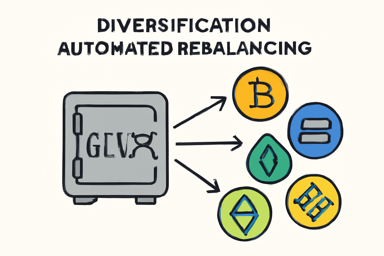 A vault labeled 'GLV' with arrows pointing to multiple crypto markets, symbolizing diversification and automated rebalancing.
