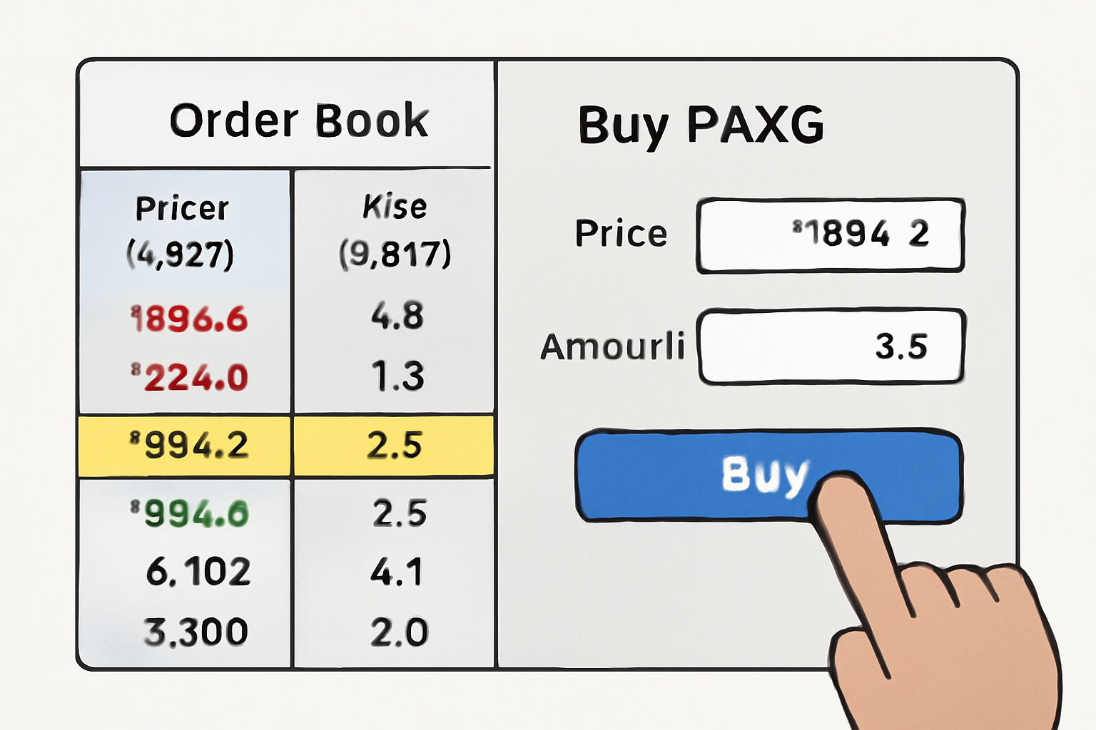 A trading interface displaying the PAXG and XAUT order books, with a user confirming a buy order and price highlighted.