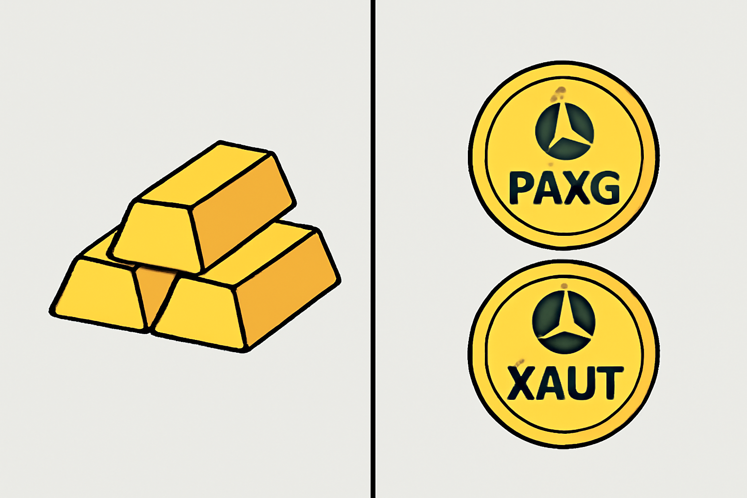 A split image showing gold bars on one side and digital tokens labeled PAXG and XAUT on the other, with a professional, modern style.