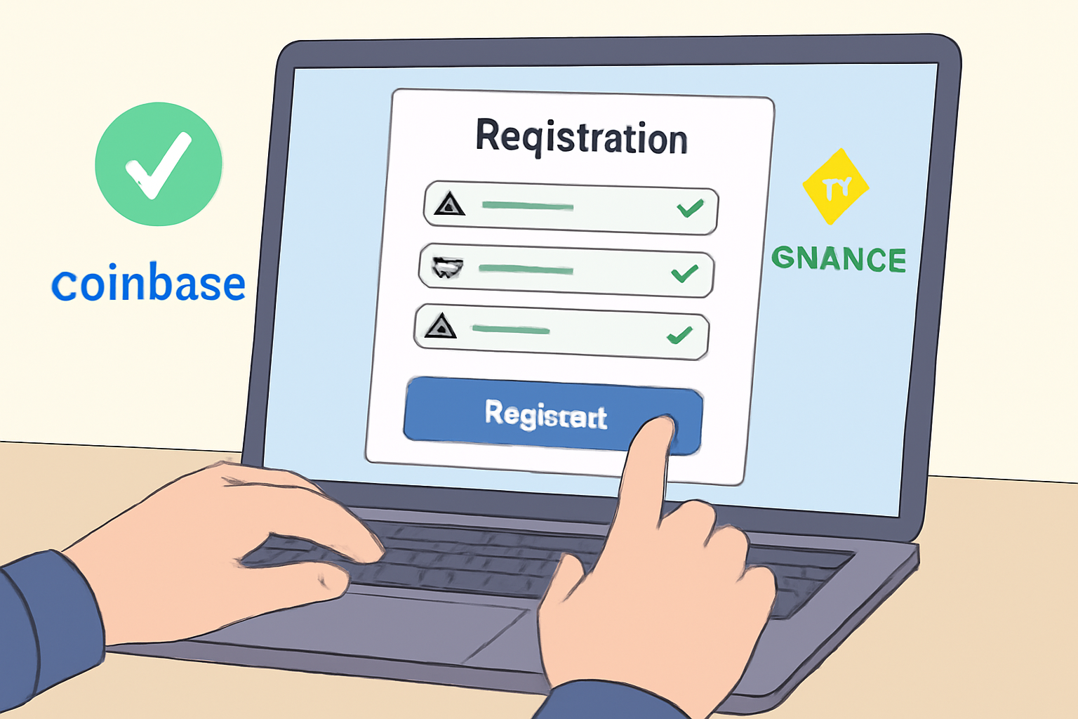 A user filling out an online registration form on a laptop with verification checkmarks and exchange logos (Coinbase, Binance) visible.