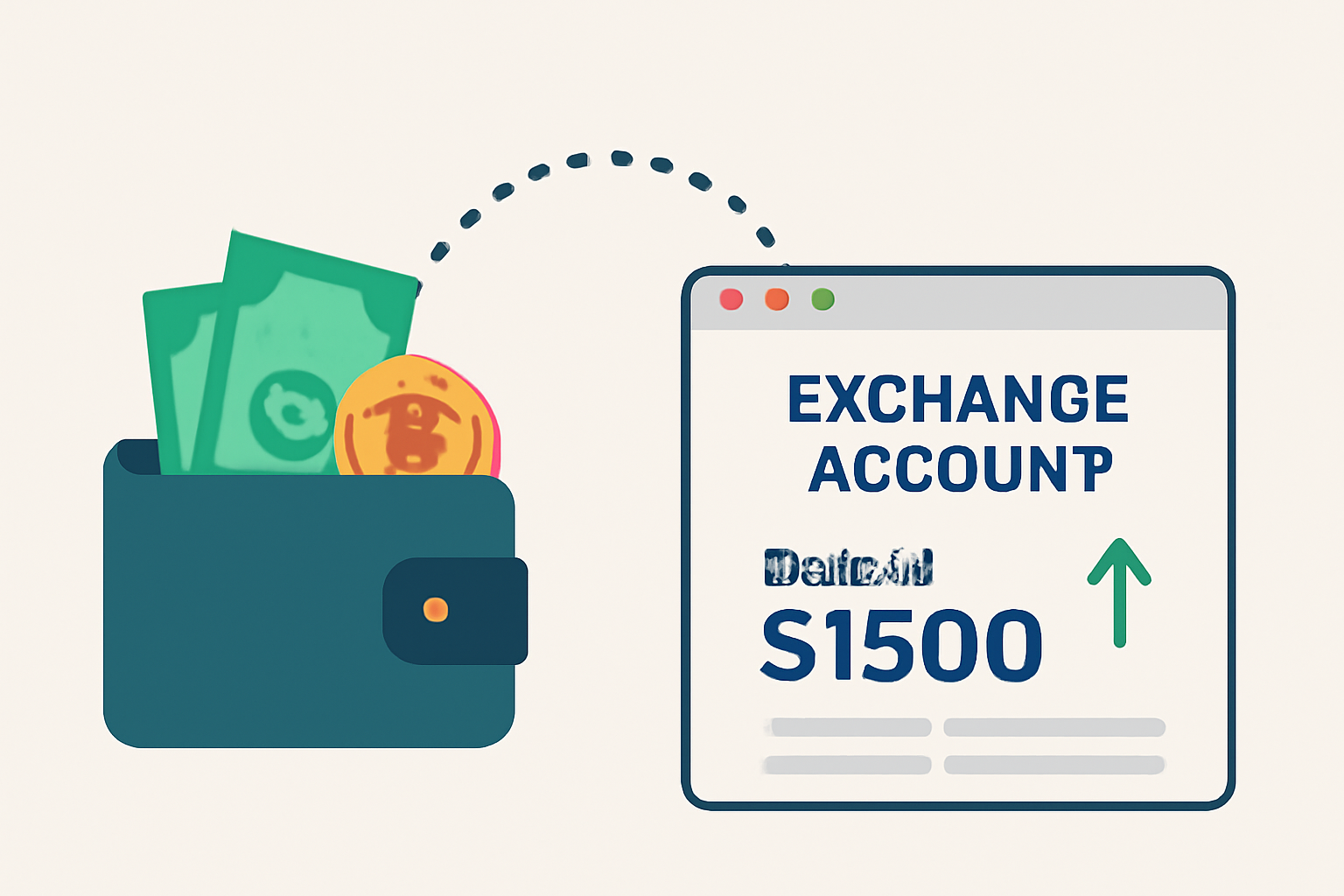A digital wallet with dollar bills and a crypto coin being transferred to an exchange account dashboard, showing a clear balance update.