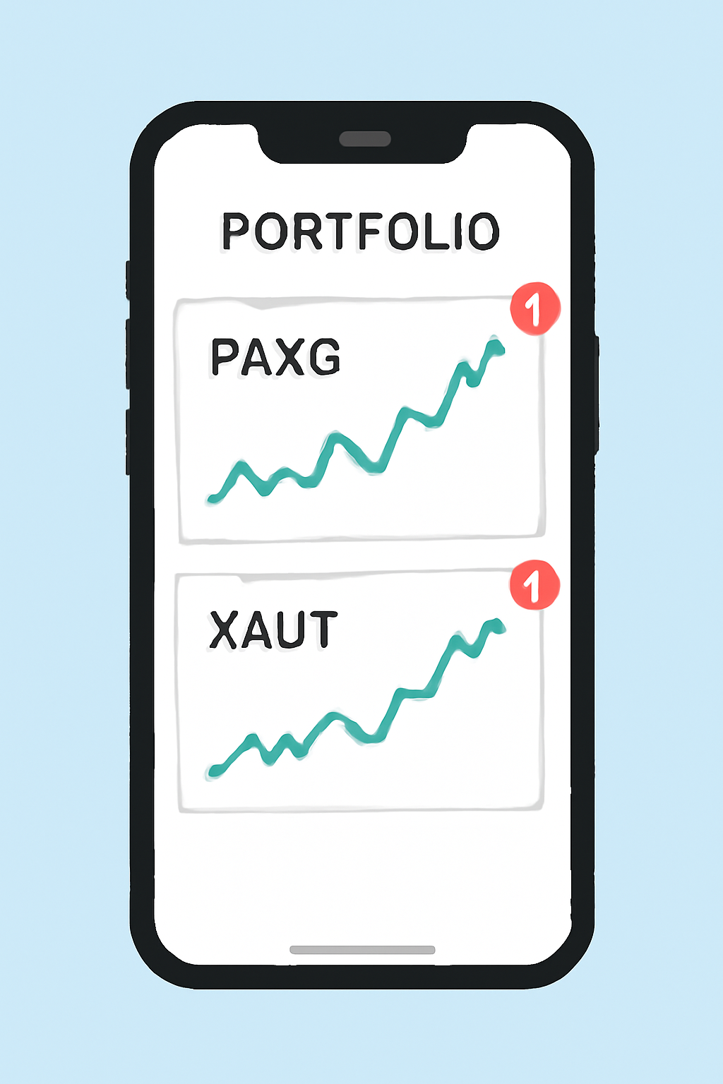 A smartphone displaying a portfolio app with live charts for PAXG and XAUT, and notification icons for price alerts.