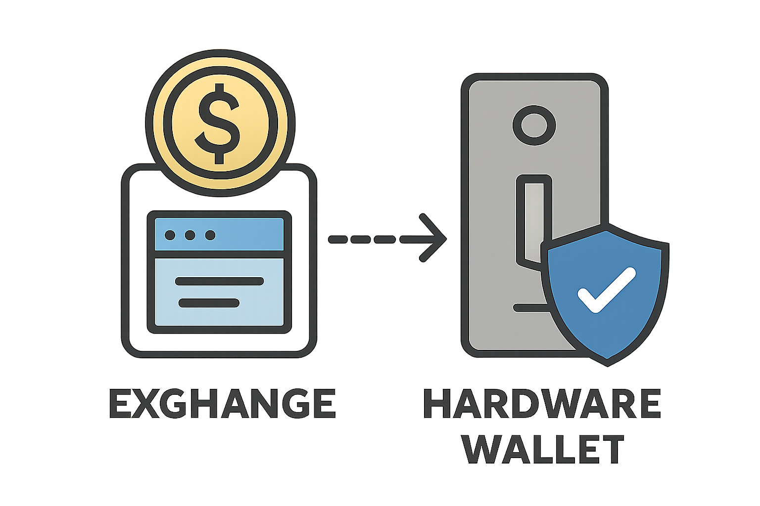 A digital gold token being securely transferred from an exchange platform to a private hardware wallet, with a shield icon for security.