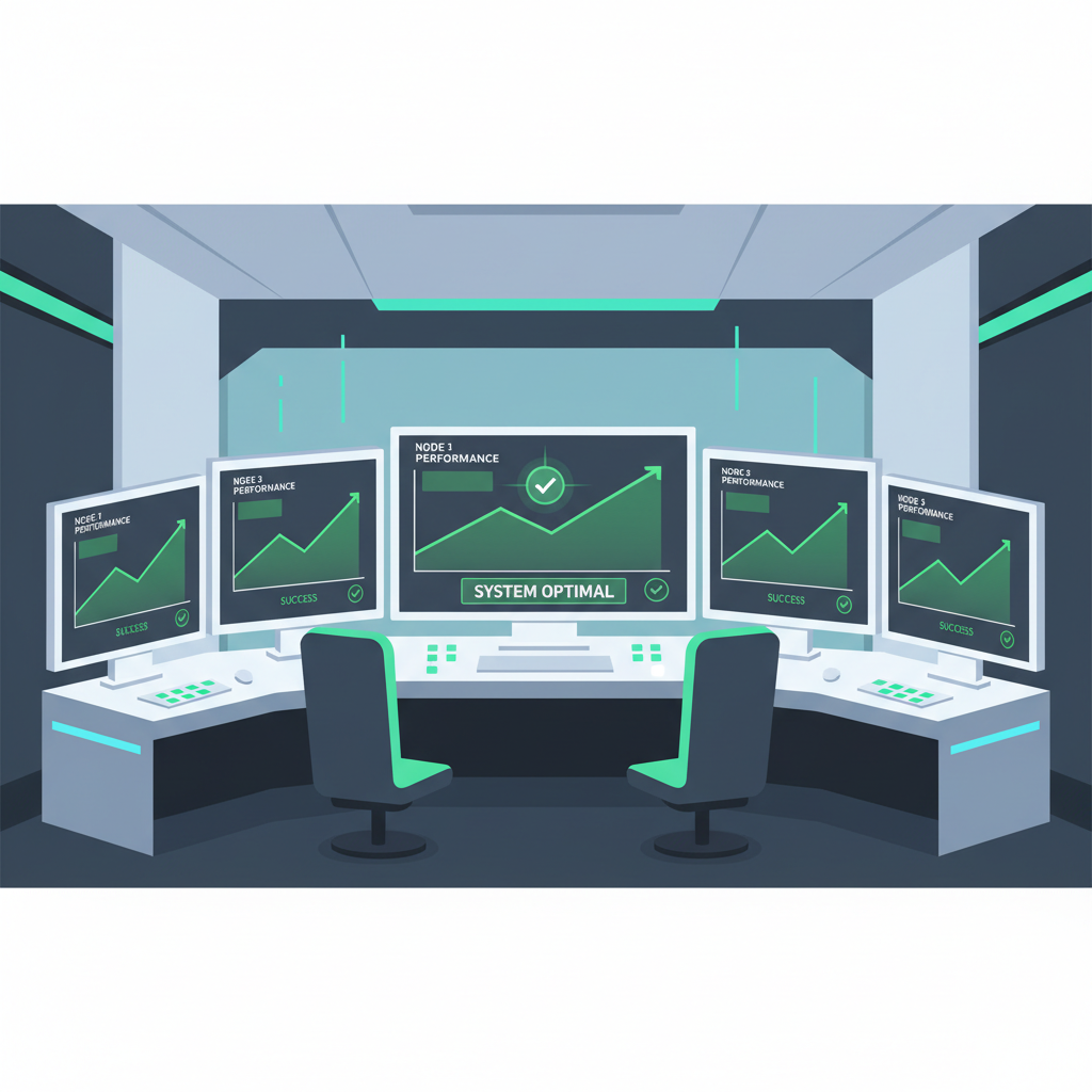 multi-screen monitoring setup with node performance graphs and alerts, high-tech control room vibe, green success indicators