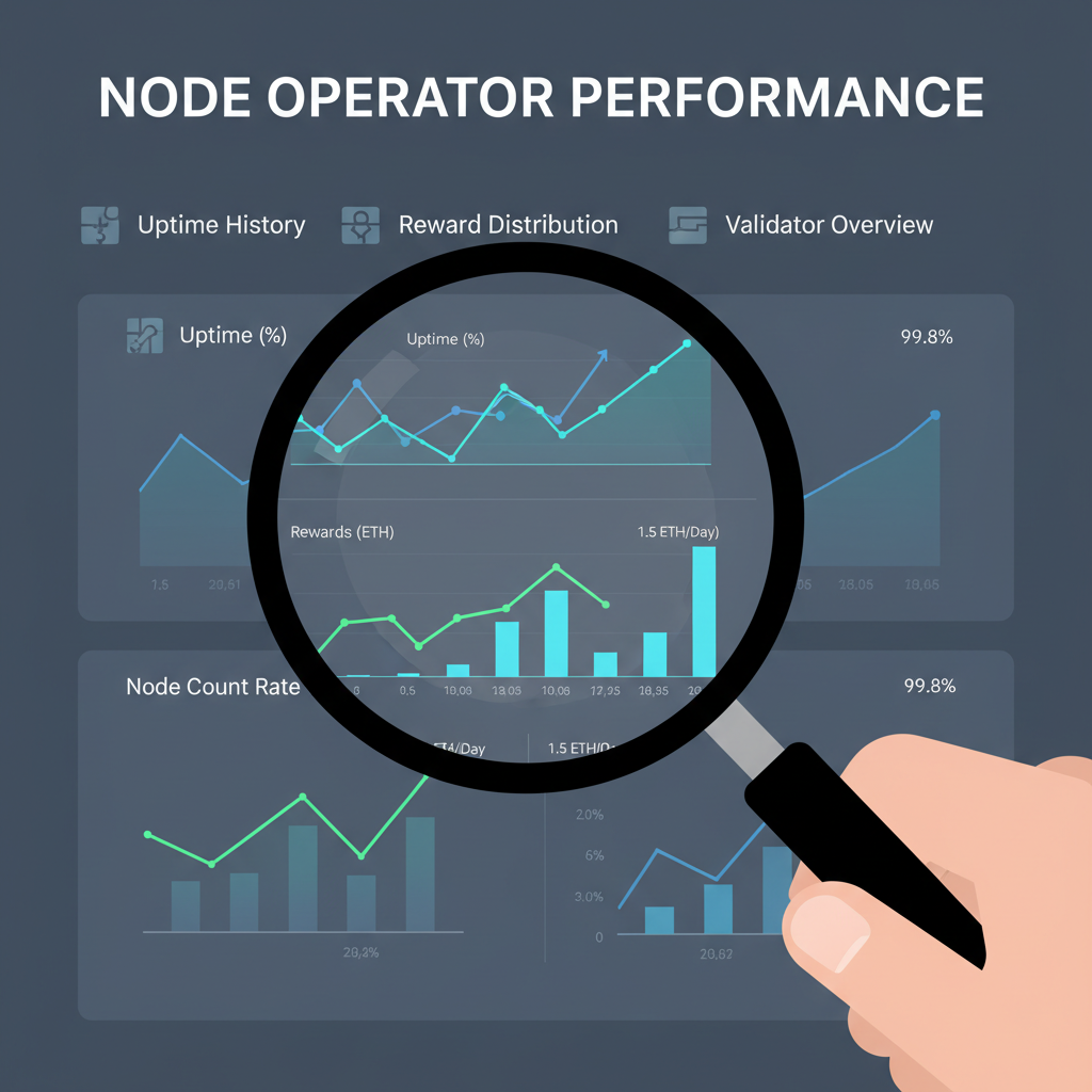 magnifying glass over detailed performance charts for node operators, graphs showing uptime and rewards, professional dark mode