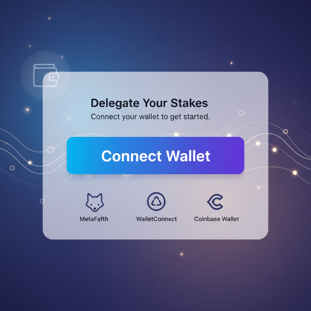 user interface for delegating stakes to AVS operators, flow diagram from wallet to leaderboard, ethereal blockchain visuals