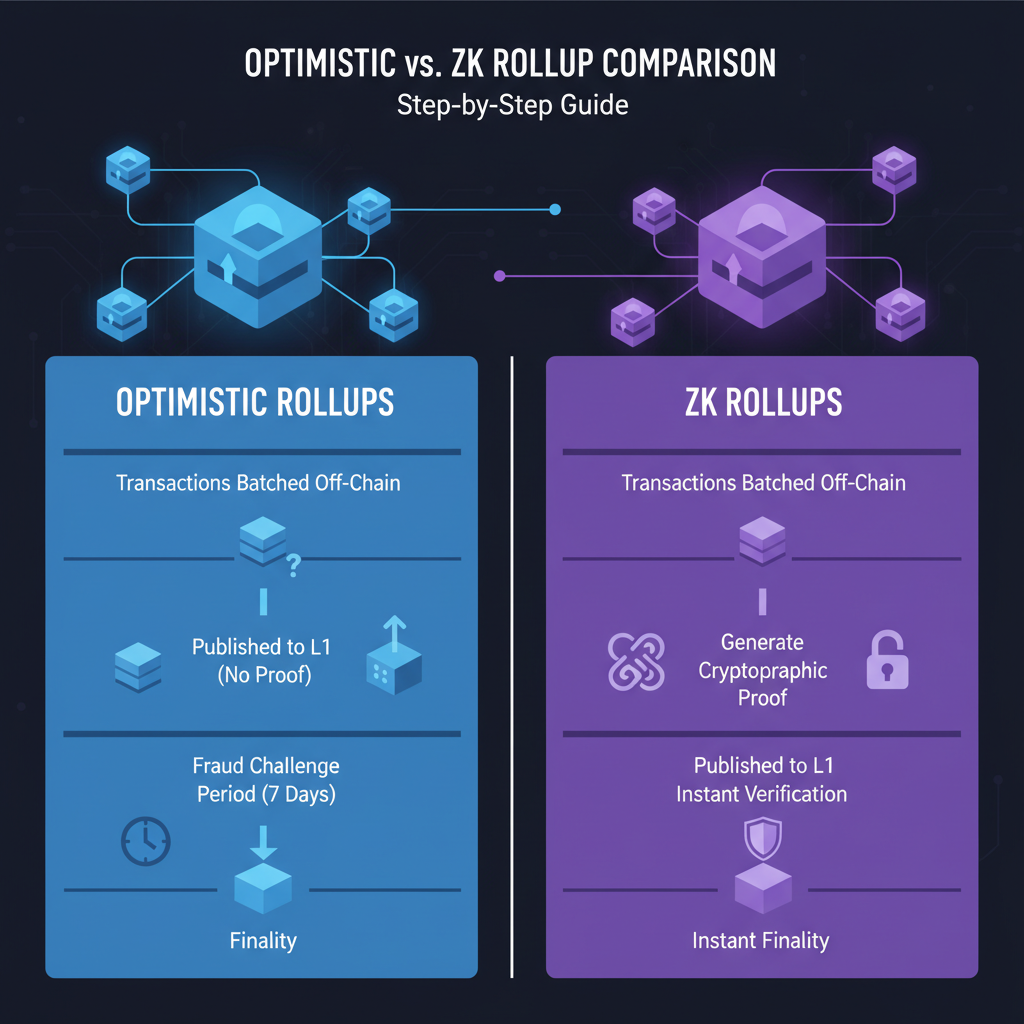 optimistic vs ZK rollup comparison chart, glowing blockchain nodes, tech diagram