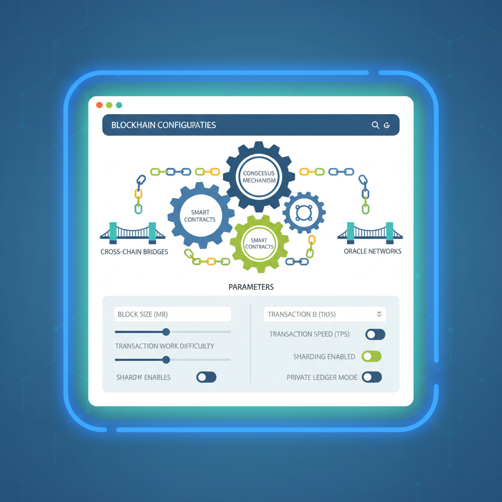 blockchain config panel with parameters and bridges, gears connecting chains, digital interface