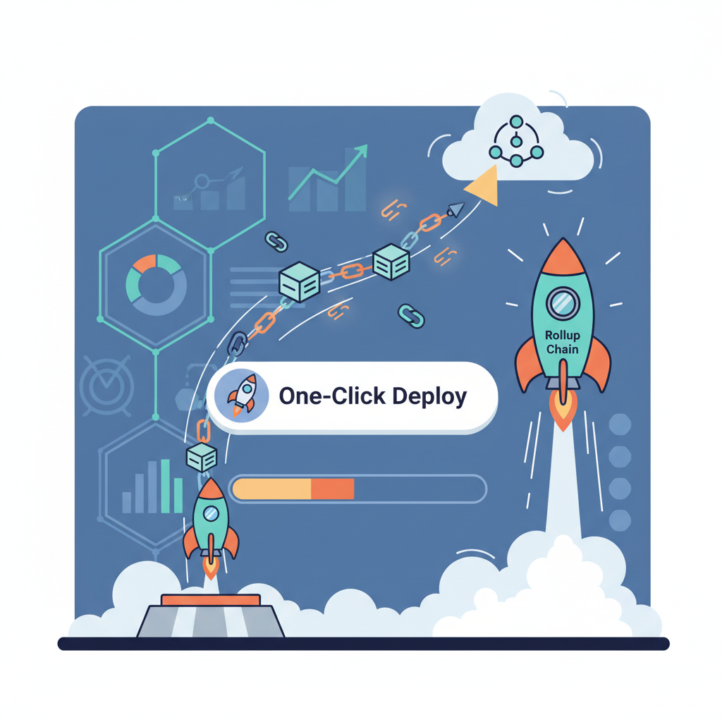one-click deploy button on dashboard, rocket launching rollup chain, vibrant launch animation