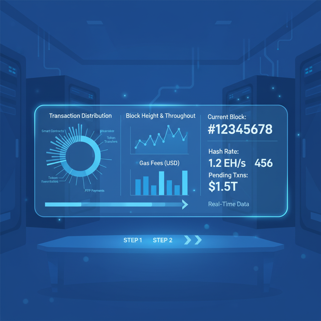 real-time blockchain dashboard with charts graphs metrics, holographic display