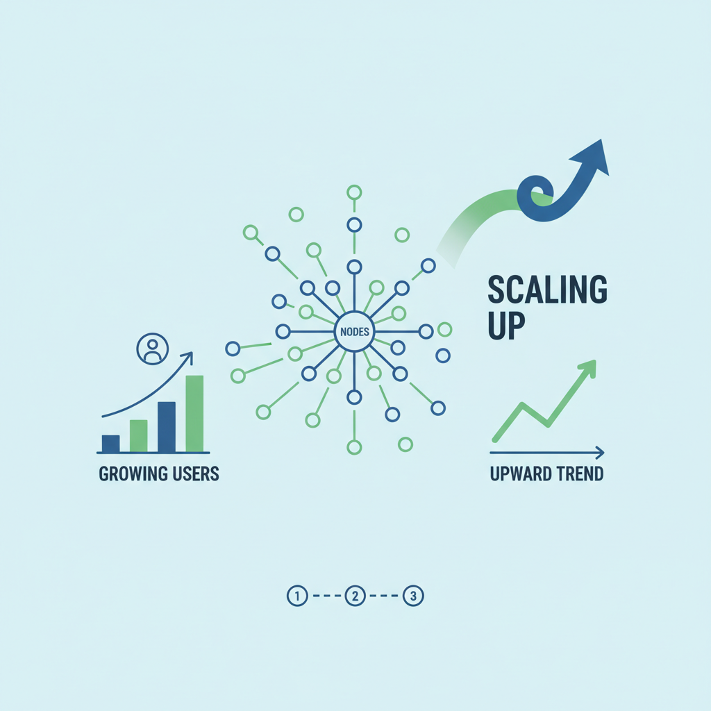 blockchain network scaling up with growing users graph, expanding nodes, upward arrow trend