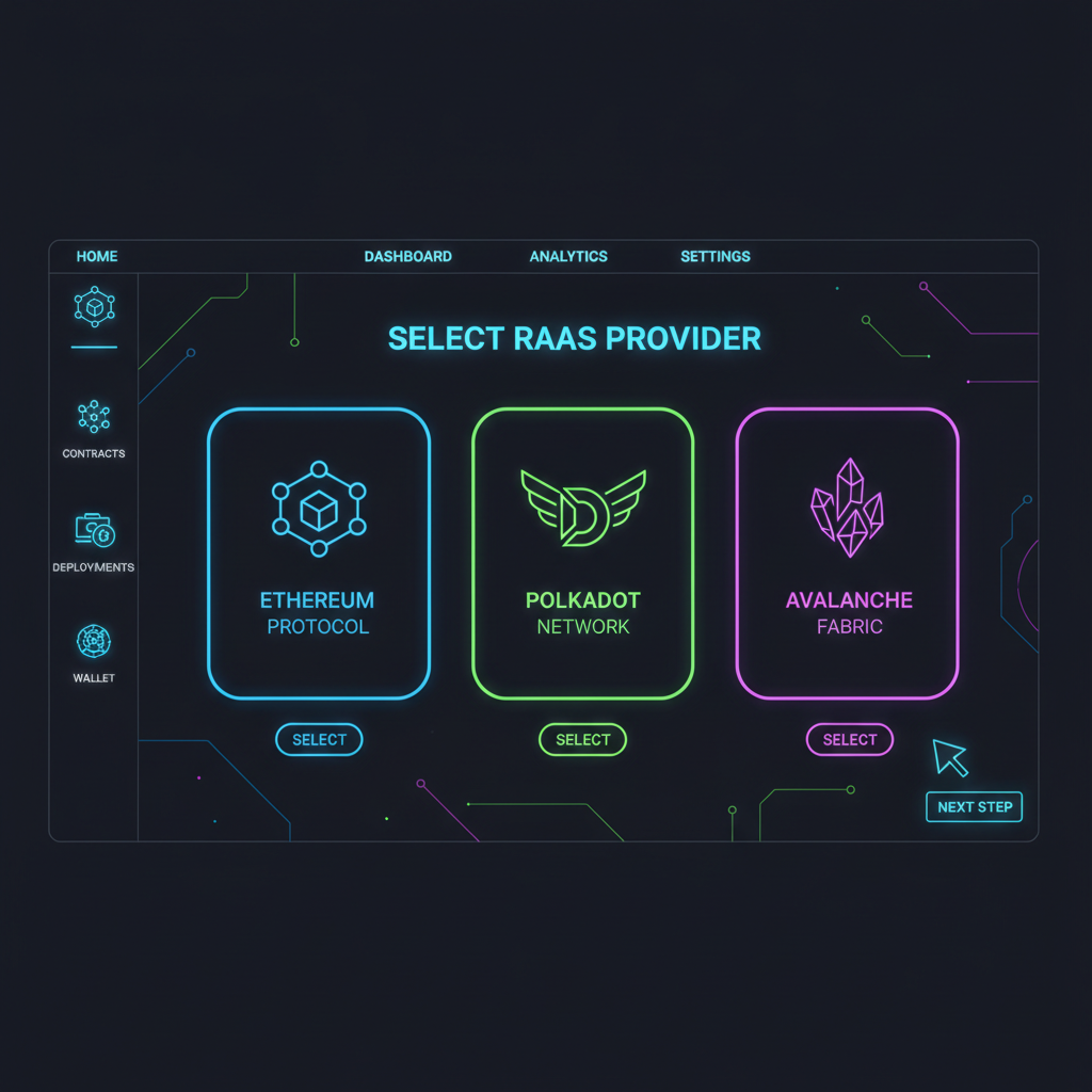 futuristic UI selecting RaaS provider dashboard, neon blockchain icons, sleek design