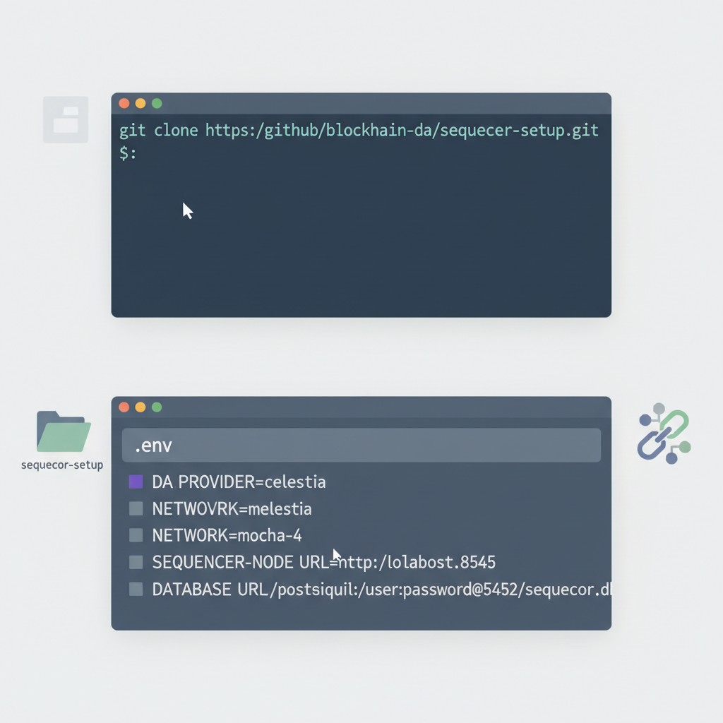 terminal cloning git repo, editing .env file for blockchain DA sequencer setup, clean developer workspace