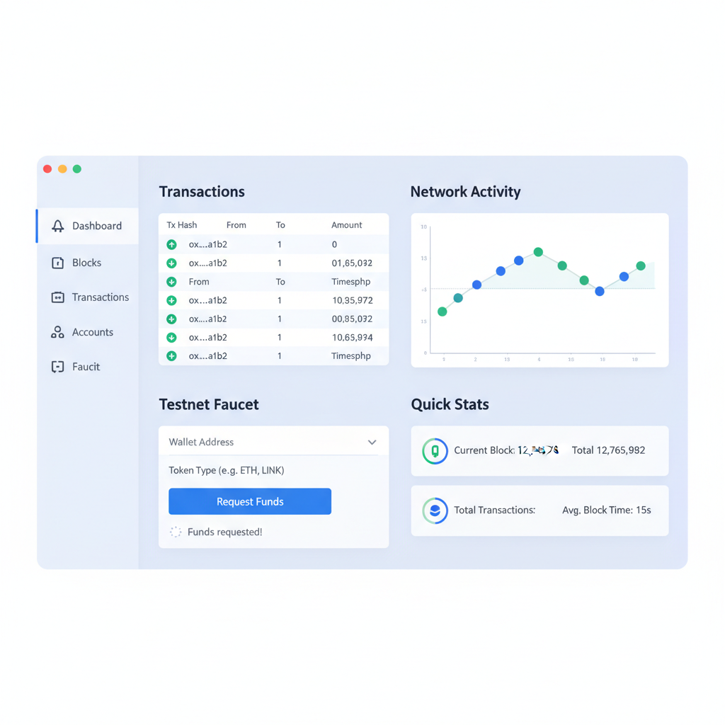 blockchain explorer UI with transactions, testnet faucet interface, clean dashboard
