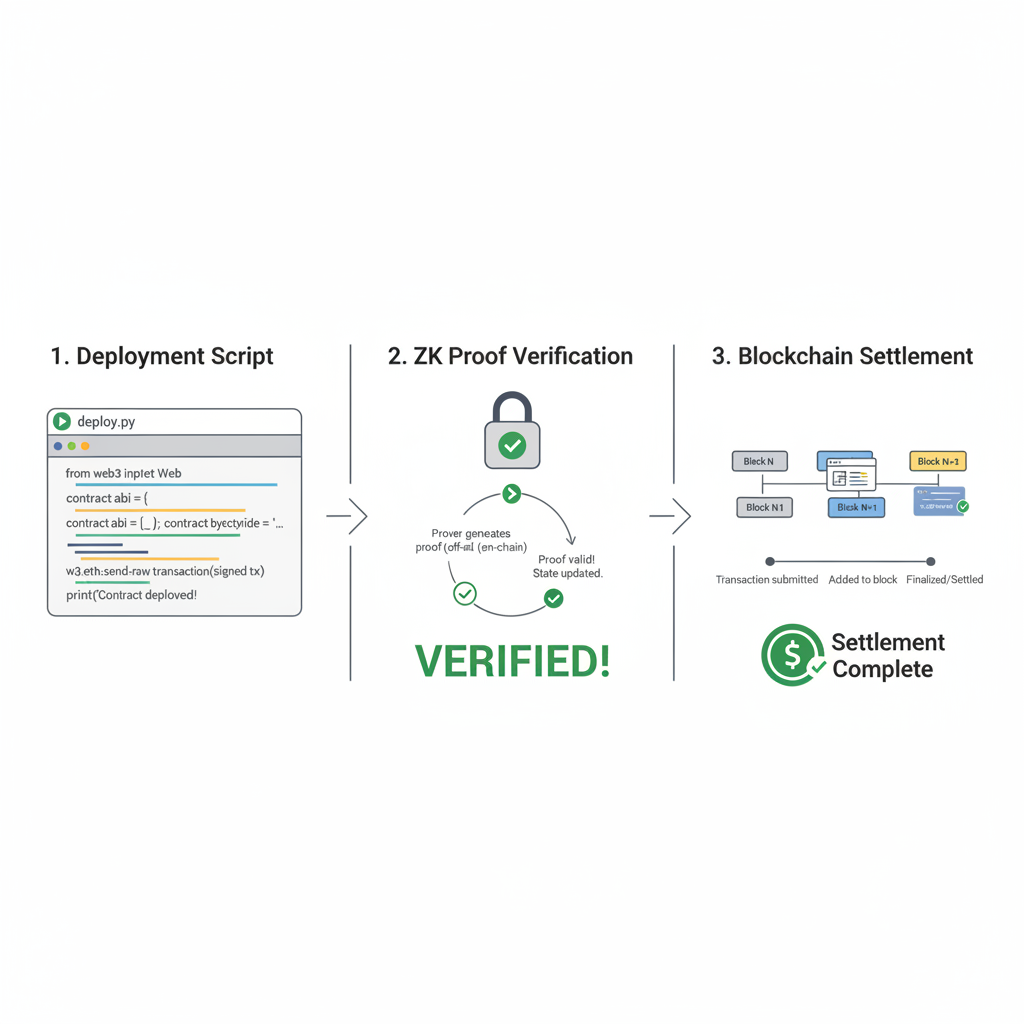smart contract deployment script, ZK proof verification success, blockchain settlement diagram