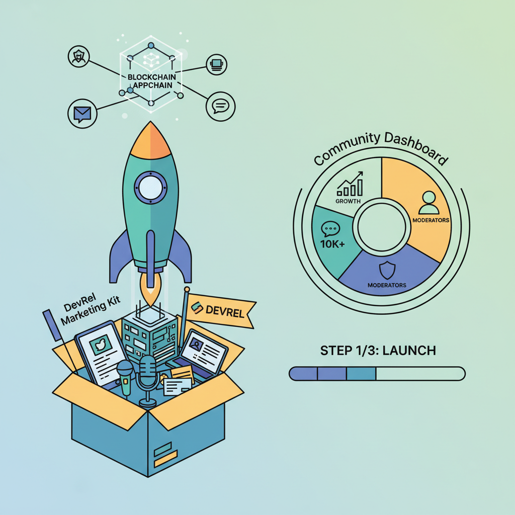 rocket launching blockchain appchain, DevRel marketing kit, community dashboard