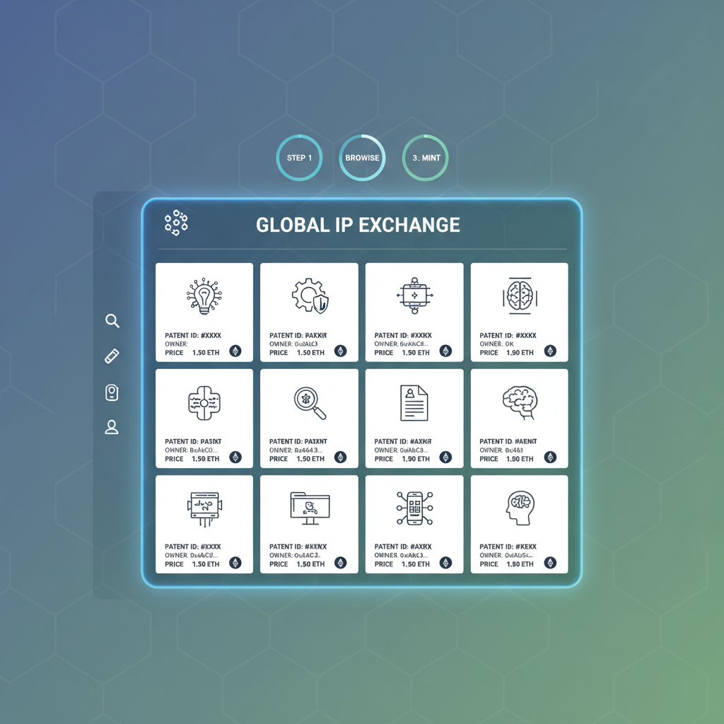 marketplace grid of tokenized patents, blockchain UI, tech assets display
