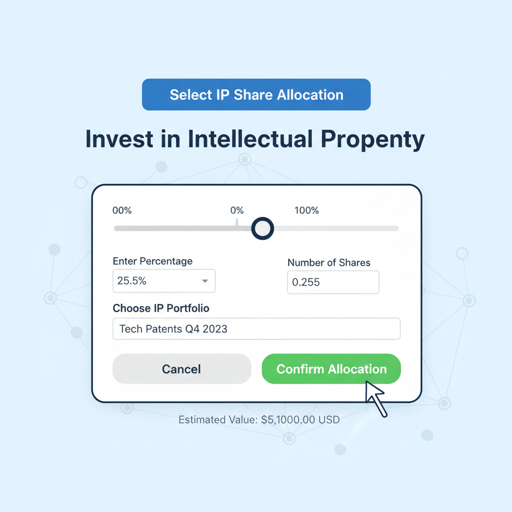 selecting fractional IP shares on trading platform, input form UI
