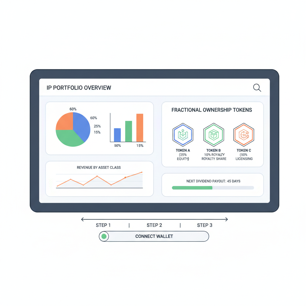IP portfolio dashboard with charts, fractional ownership tokens