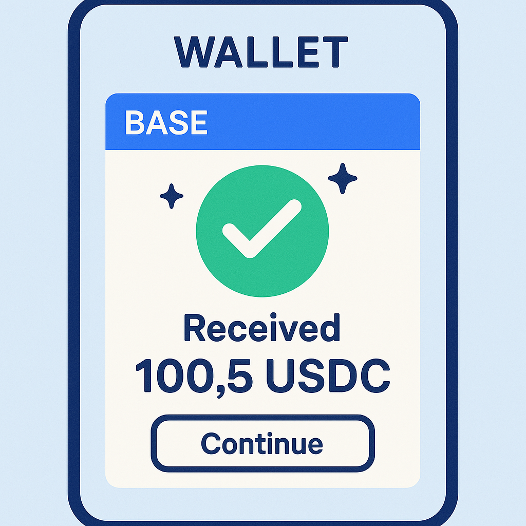 A wallet interface showing the received tokens on the Base network, with a celebratory checkmark.