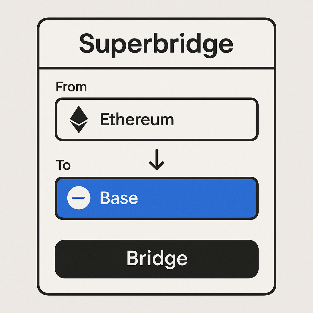 Superbridge interface with Base selected as the destination network, highlighted in blue.