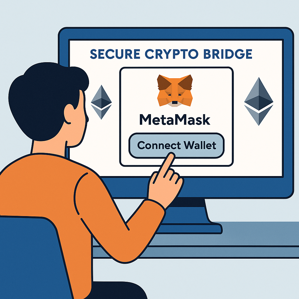 A person connecting their MetaMask wallet to a secure crypto bridge website interface, with Ethereum logos visible.