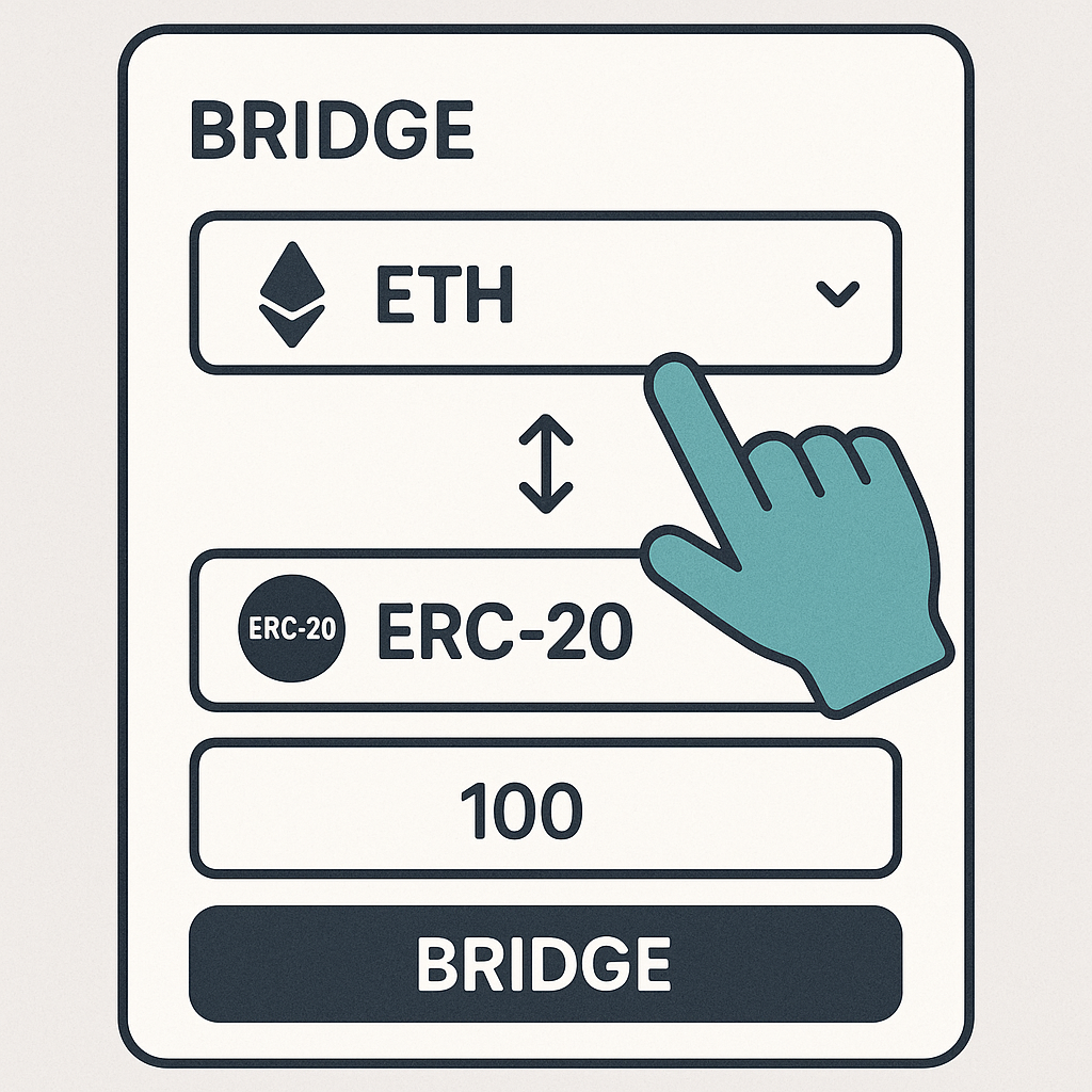 A user selecting ETH or ERC-20 tokens and entering an amount in a crypto bridge interface.