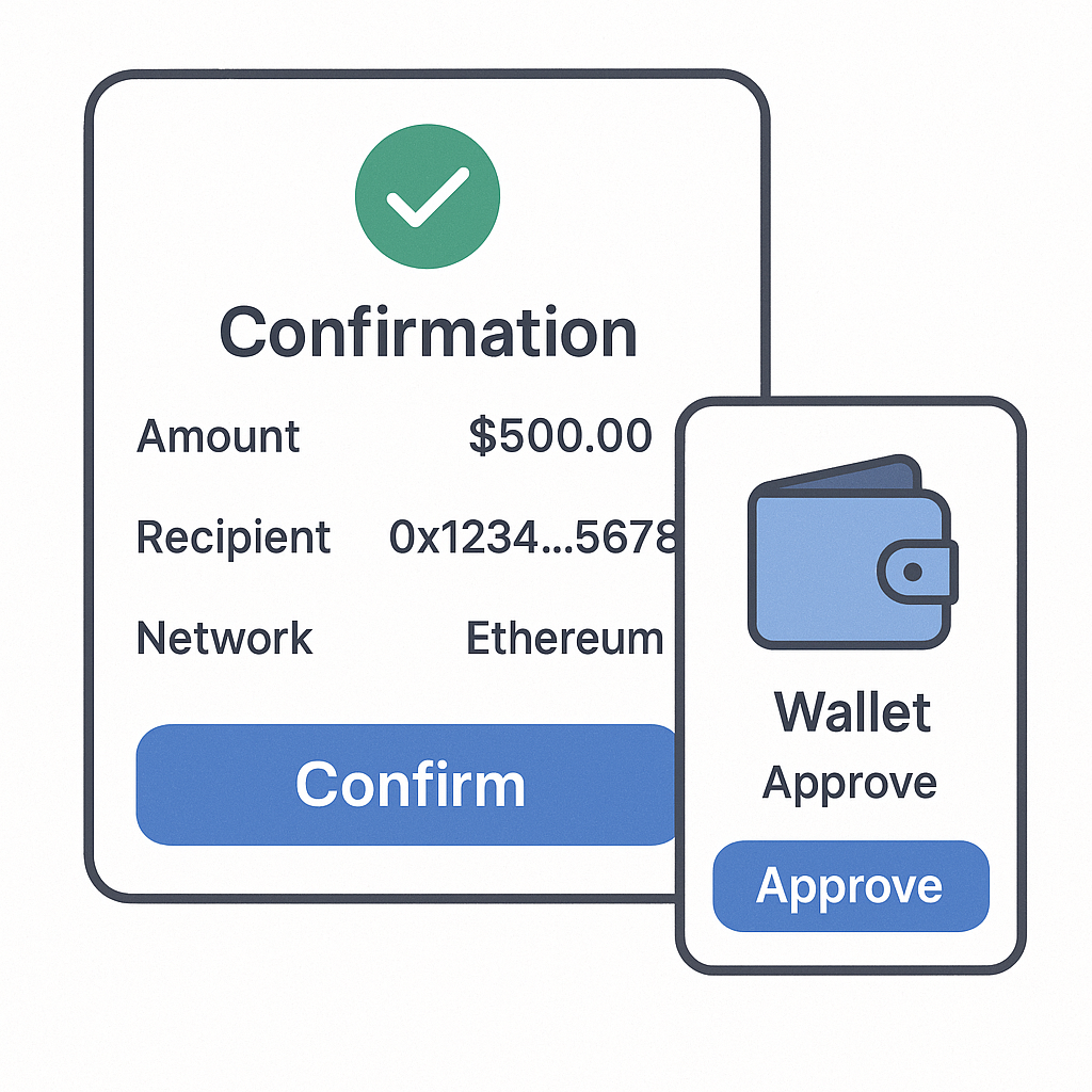 A confirmation screen showing transaction details with a 'Confirm' button, and a wallet pop-up for approval.