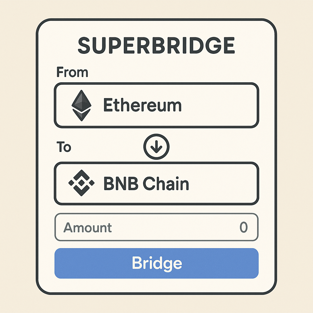 Superbridge interface showing Ethereum selected as the source network, with clear icons for networks.