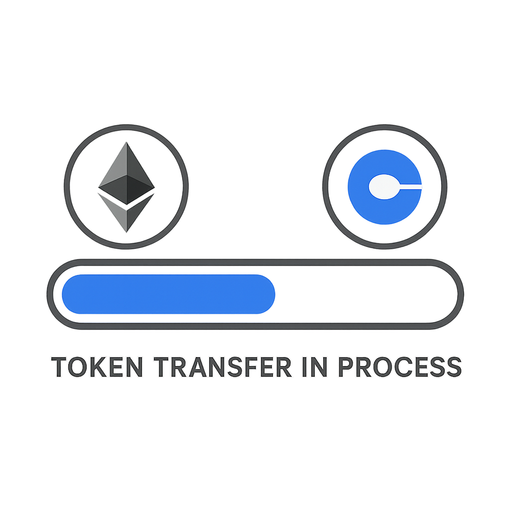 A progress bar with Ethereum and Base logos, indicating a token transfer in process.