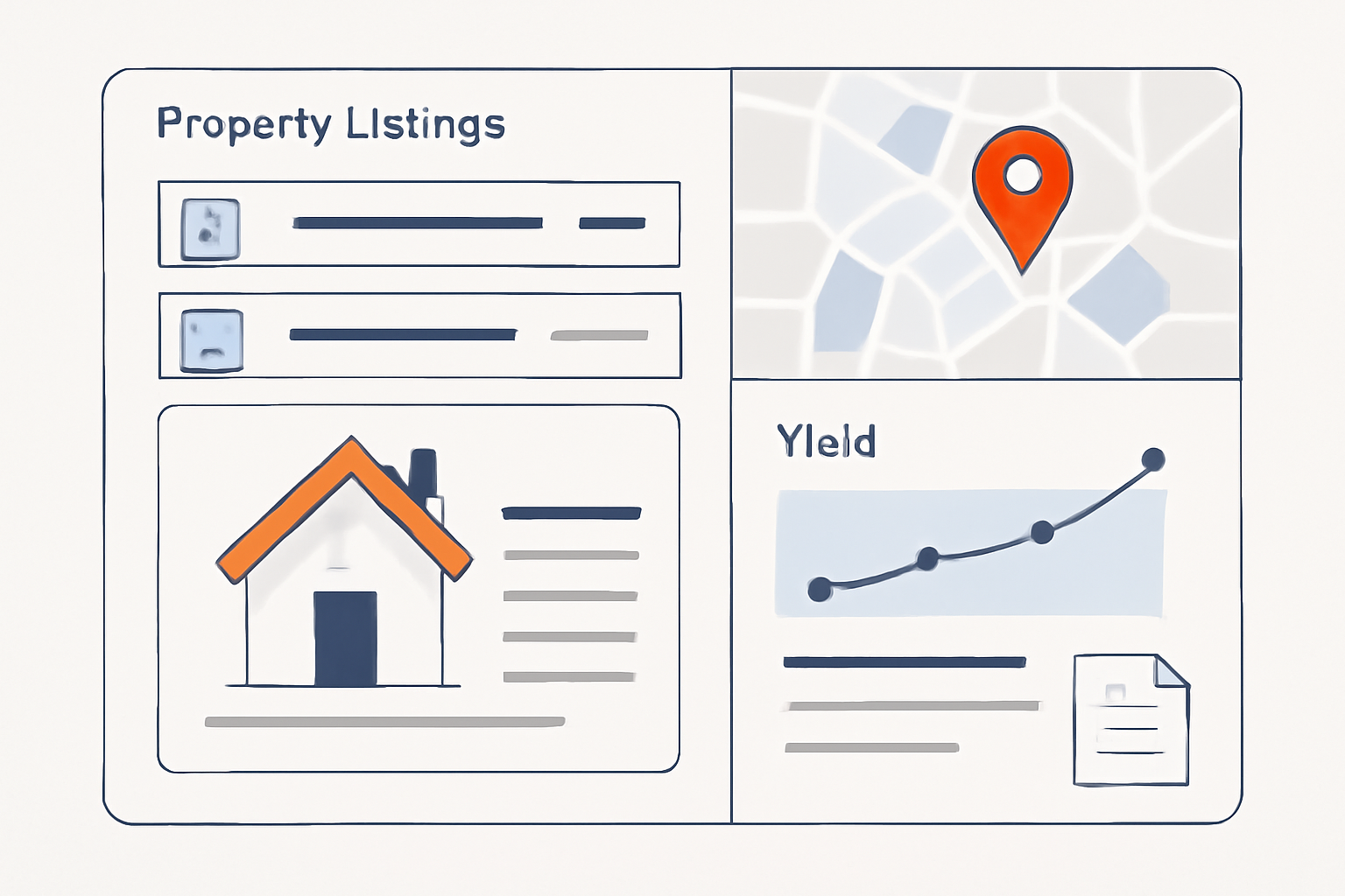 A dashboard with property listings, maps, yield charts, and document icons, highlighting a property’s details for analysis.