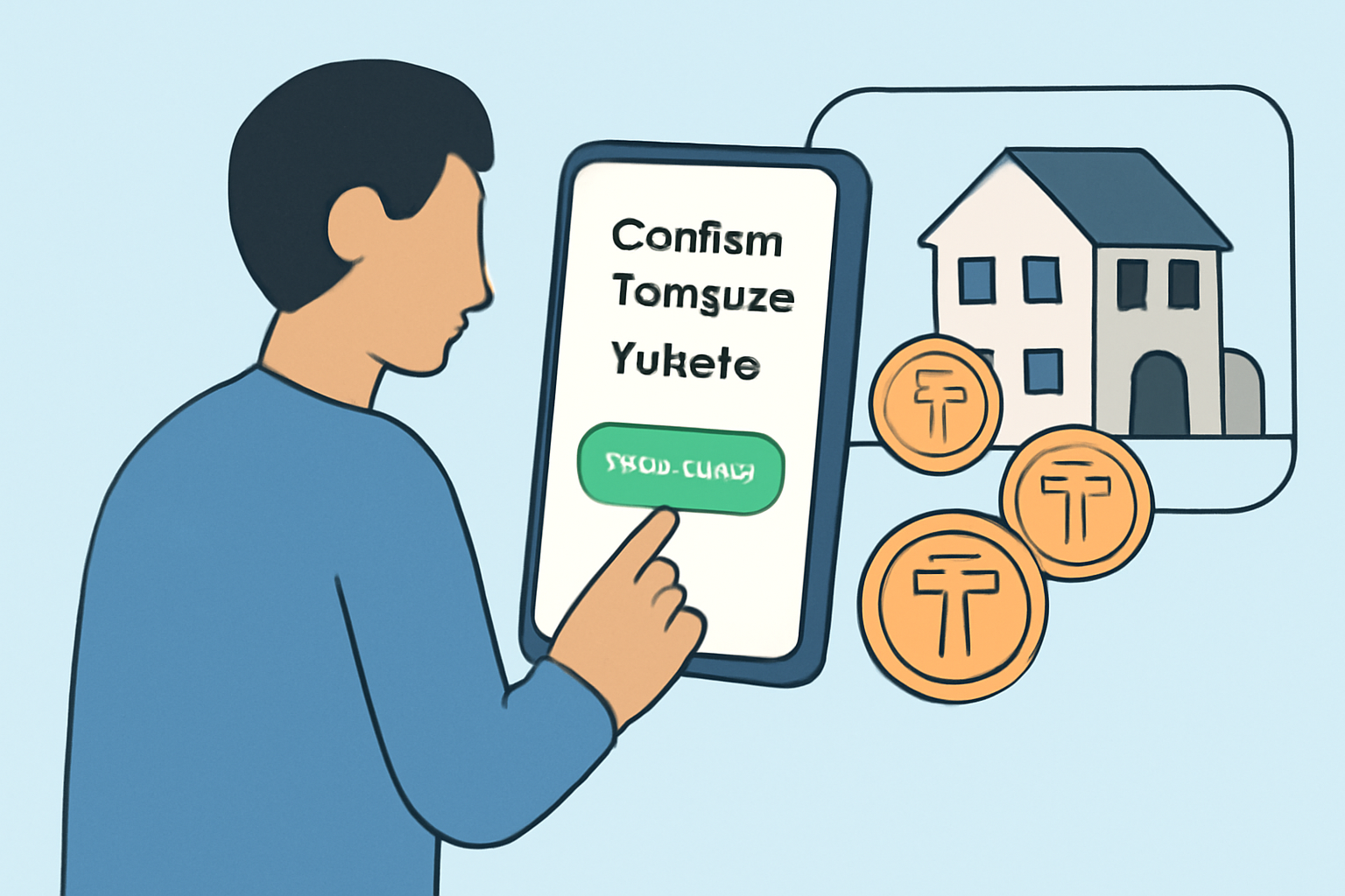 A user confirming a token purchase on a smartphone, with digital tokens and a property image in the background.