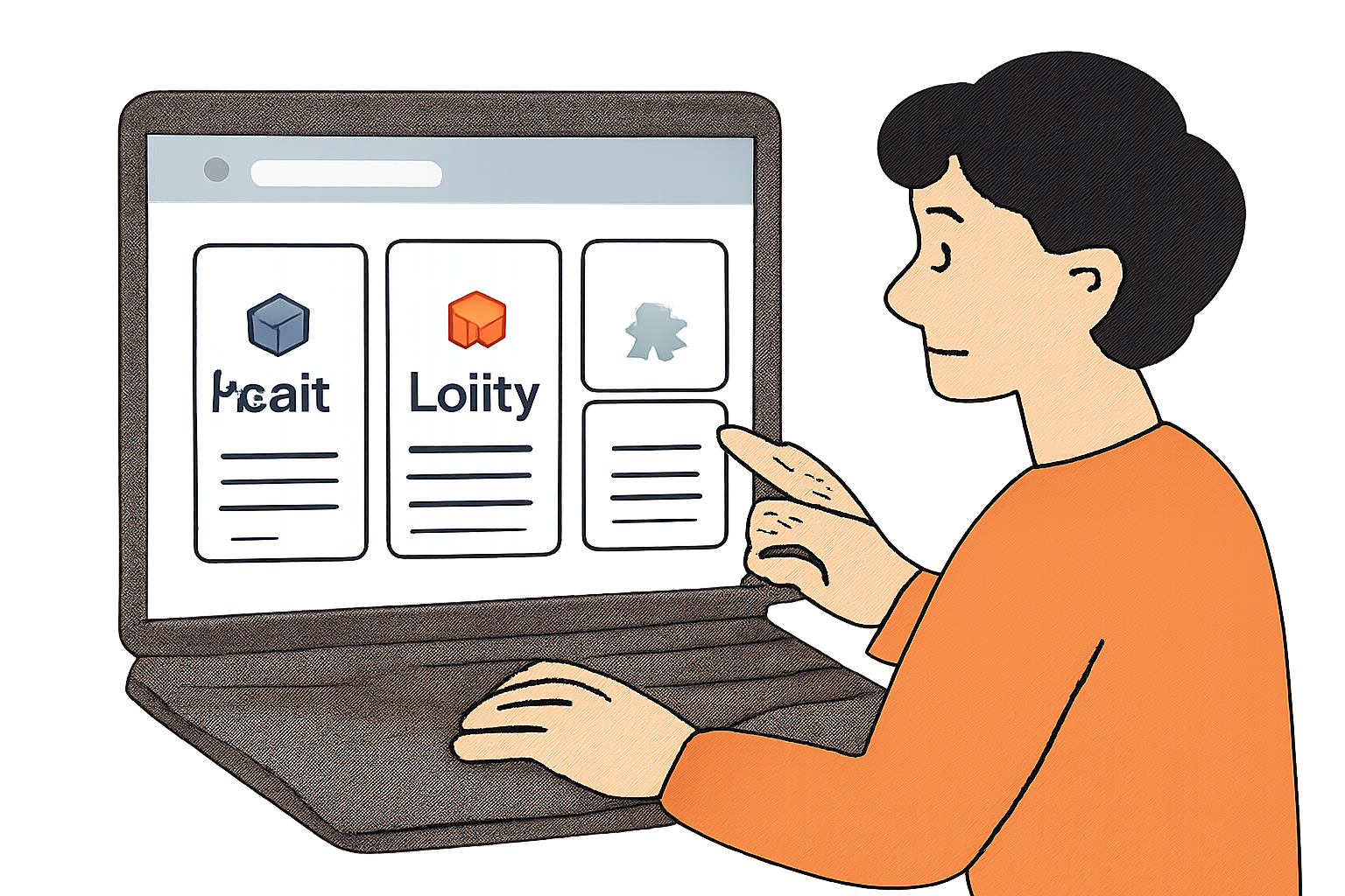 A person comparing websites on a laptop, showing logos of RealT, Lofty, and Libertum, with a modern, friendly interface.