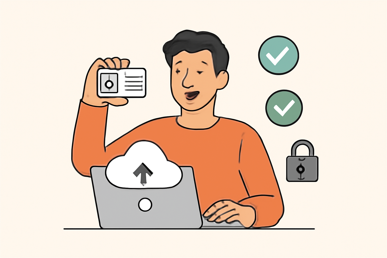 A cheerful user uploading identification documents to a secure online platform, with checkmarks and security icons.