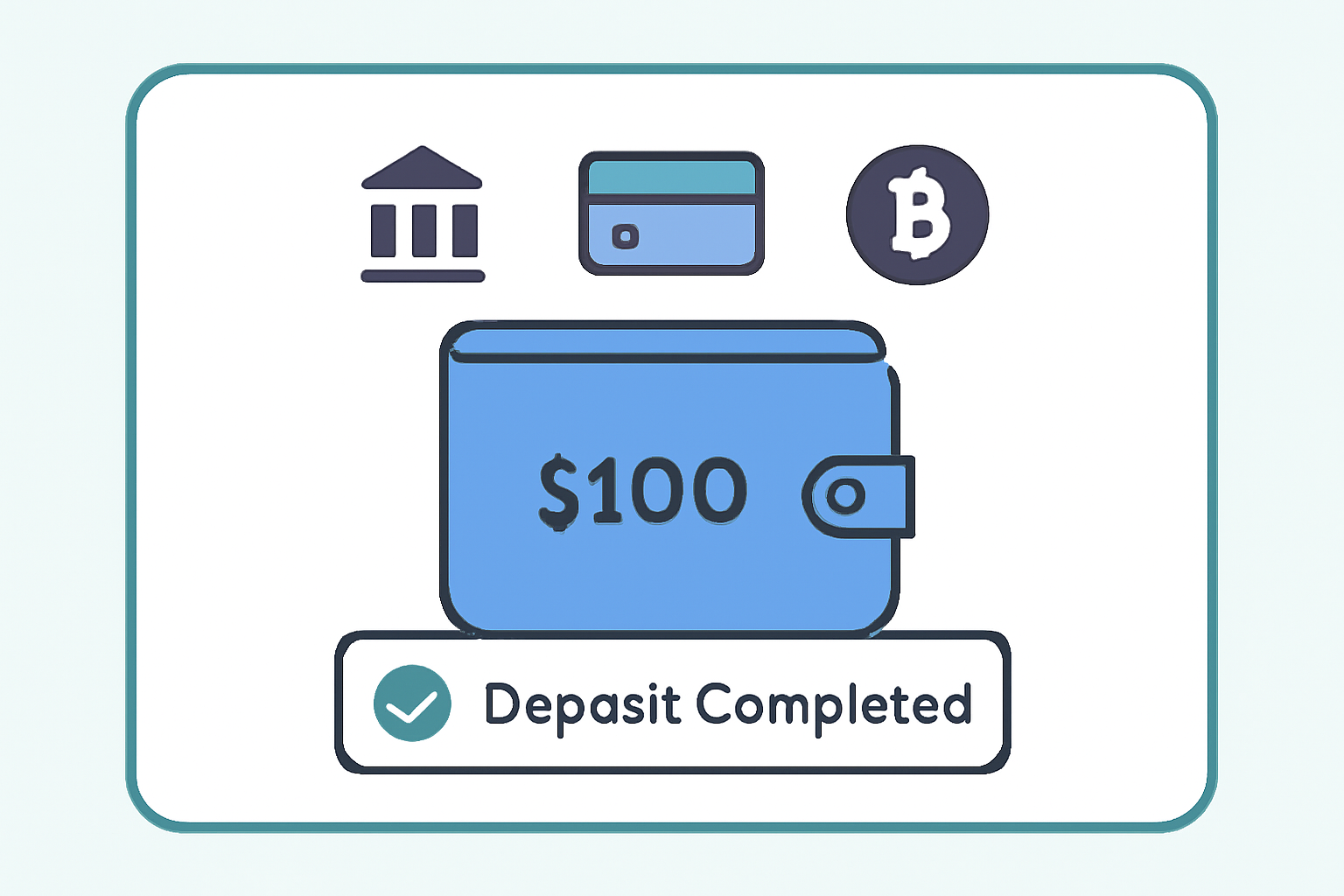 A digital wallet showing a $100 deposit being made via various payment methods (bank, card, crypto), with a clear confirmation message.